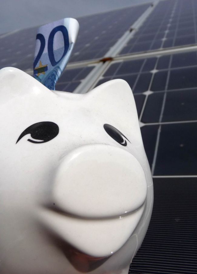 Sparschwein mit 20 Euro Schein vor Solaranlage (oder Photovoltaikanlage)
